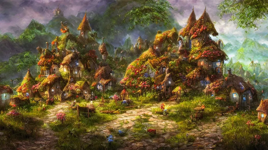 Prompt: A fairy village in some pebbles, highly detailed oil painting, epic fantasy art, abstraction, masterpeice, 8k