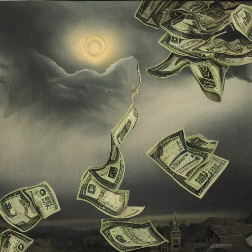 Image similar to dollar bills swirling in a tornado, dollar bills in the wind, raining dollar bills from the clouds in the background by Ansel Adams and Bernardo Bellotto, oil on canvas, artstation, dramatic scenery, masterpiece, aesthetic