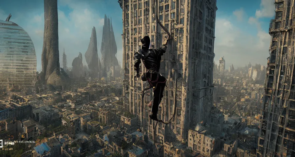 Prompt: an epic fantasy comic book style landscape painting of a hooded thief in leathers using a rope to climb a tall building with a fantasy city unreal 5, daz, hyperrealistic, octane render, dynamic lighting, 8 k, ultra wide angle