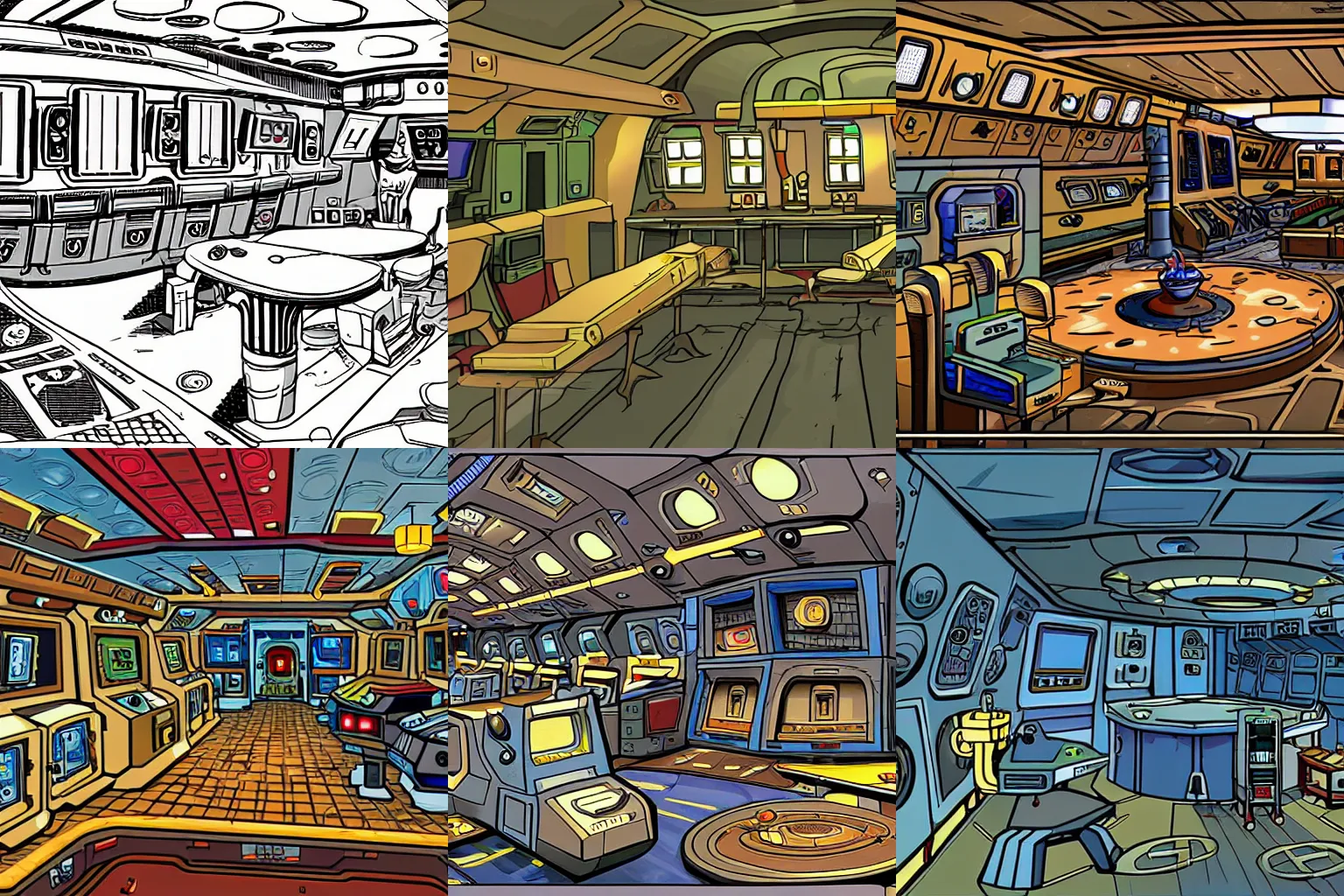 Prompt: inside a battle cruiser, from a space themed LucasArts point and click 2D graphic adventure game, high quality cartoon style graphics