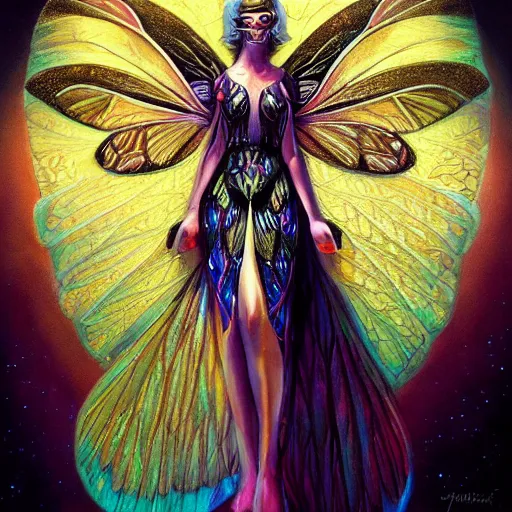 Image similar to photorealistic painting of beautiful art deco faerie queen with glowing eyes, moth wings with geometric patterns, reflective detailed textures, highly detailed dark fantasy science fiction painting, silver and cool colors, extremely detailed, artstation