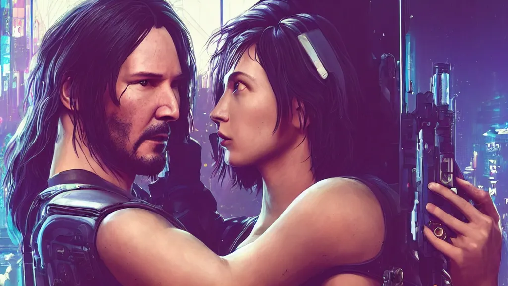 Image similar to a cyberpunk 2077 srcreenshot couple portrait of a Keanu Reeves and a female android final kiss,love,film lighting,by Laurie Greasley,Lawrence Alma-Tadema,Dan Mumford,John Wick,Speed,Replicas,artstation,deviantart,FAN ART,full of color,Digital painting,face enhance,highly detailed,8K,octane,golden ratio,cinematic lighting