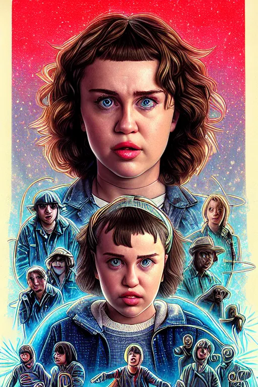 Image similar to still of miley cyrus in an episode of stranger things, intricate, elegant, highly detailed, digital painting, artstation, concept art, smooth, sharp focus, illustration, art by artgerm and greg rutkowski and alphonse mucha