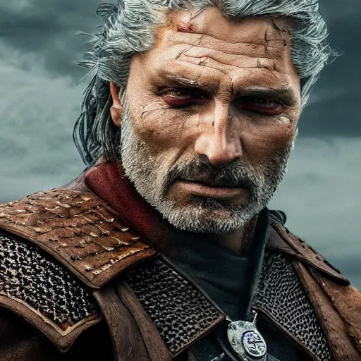 Prompt: Mads Mickelson as Gerald the witcher, concept art, high definition photography, detailed