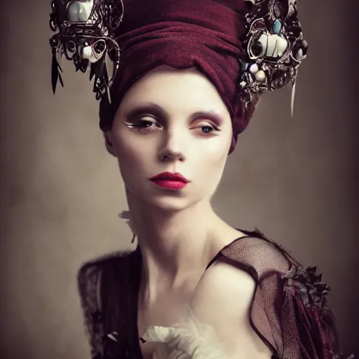 Image similar to a portrait of female model by stefan geselle, anka zhuravleva and peter kemp, dark fantasy, ornate headpiece, dark beauty, photorealistic, canon r 3, photography