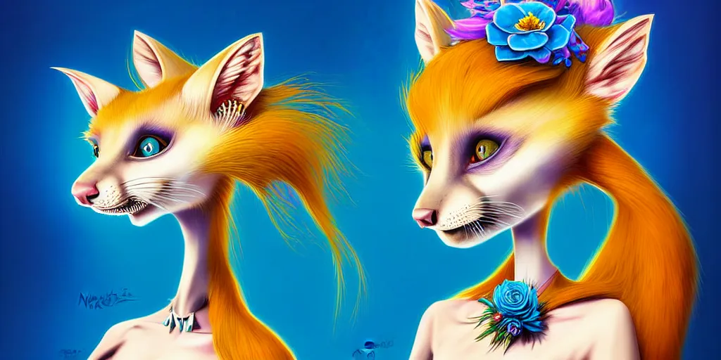 Image similar to curved perspective, extreme narrow, extreme fisheye, digital art of an hallucinogenic female embalmed marten animal wearing jewlery with blonde hairstyle with blue flower in hair by anton fadeev from nightmare before christmas