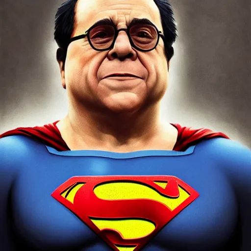 Image similar to portrait of a danny devito as superman by greg rutkowski, highly detailed portrait, digital painting, artstation, concept art, smooth, sharp foccus ilustration, artstation hq