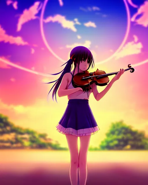 Image similar to anime style, vivid, colorful, full body, a cute girl with white skin and long pink wavy hair holding a violin and playing a song, heavenly, stunning, realistic light and shadow effects, happy, centered, landscape shot, happy, simple background, studio ghibly makoto shinkai yuji yamaguchi