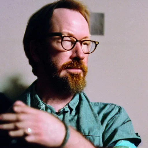 Image similar to color 35mm film still of Adam Savage, figure portrait