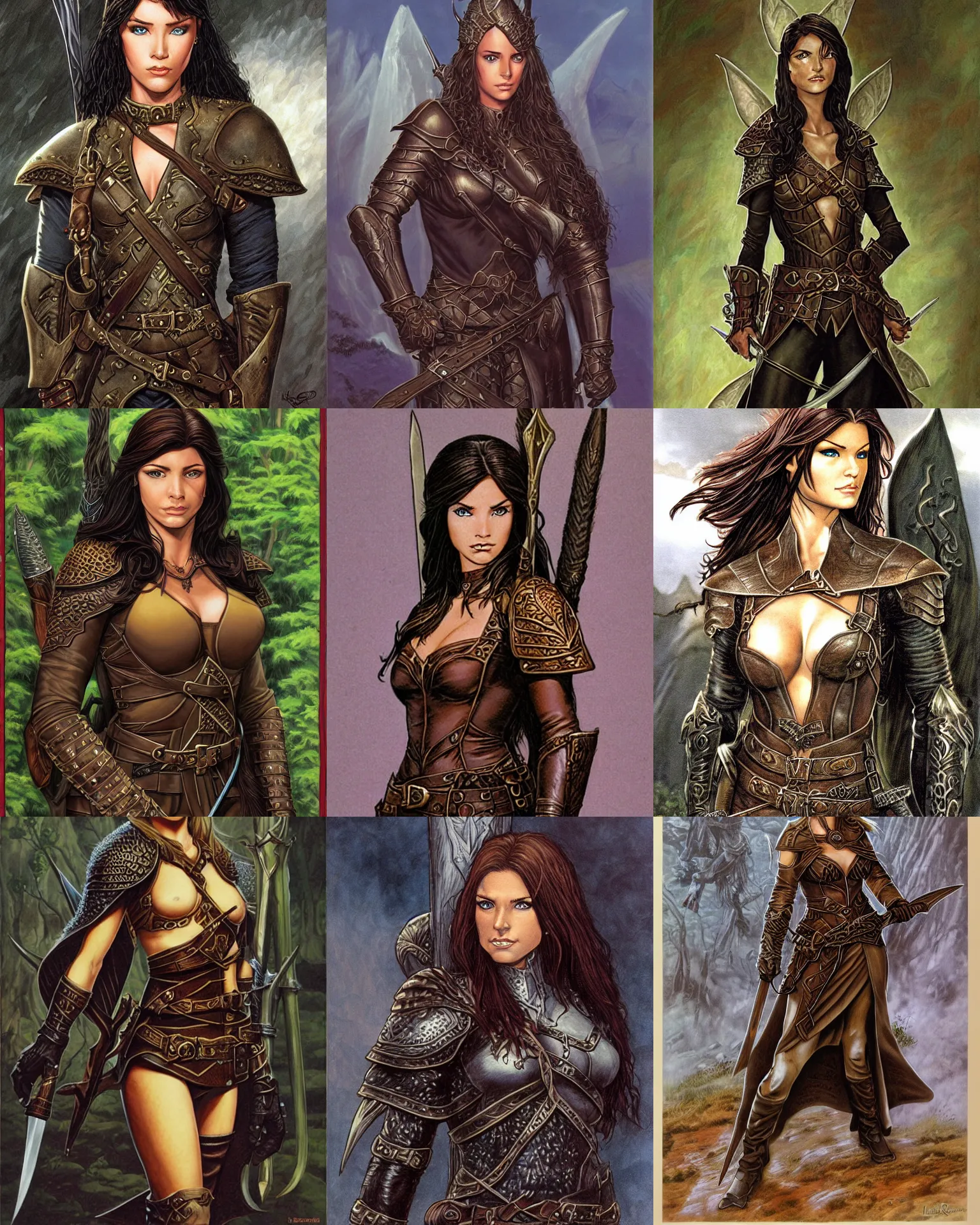 Prompt: elven female ranger, dark hair, leather armor, portrait by larry elmore, dnd