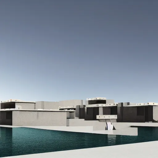 Image similar to architectural rendering of brutalism habitat 6 7 in the desert, biophilia mood, pool, garden