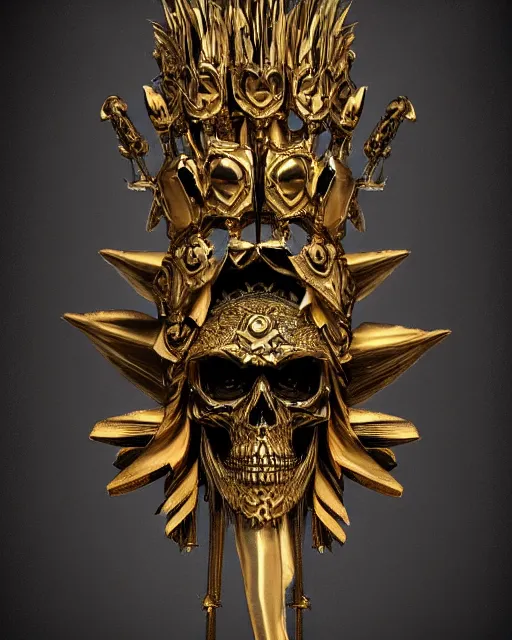 Prompt: a skeleton wearing a gold headdress and a gold crown, a 3D render by Friedrich Traffelet, zbrush central contest winner, vanitas, apocalypse art, ornate, darksynth