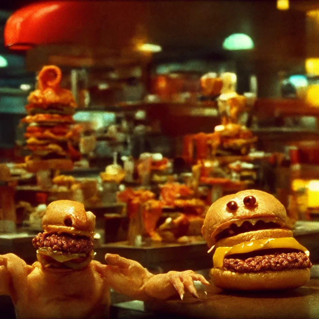 Image similar to the cheeseburger creature at the fast food restaurant, film still from the movie directed by denis villeneuve and david cronenberg with art direction by salvador dali and zdzisław beksinski, wide lens