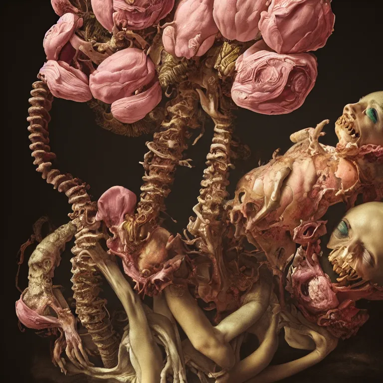 Image similar to still life of rotten flesh, beautiful pastel flowers, human spine, colorful mold, baroque painting, beautiful detailed intricate insanely detailed octane render, 8K artistic photography, photorealistic, chiaroscuro, Raphael, Caravaggio