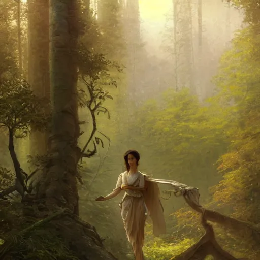 Image similar to sci-fi forest digital painting, artstation, concept art, soft light, hdri, smooth, sharp focus, illustration, fantasy, intricate, elegant, highly detailed, D&D, matte painting, in the style of Greg Rutkowski and Alphonse Mucha and artemisia, 8k, highly detailed, jurgens, rutkowski, bouguereau, pastoral, rustic, georgic