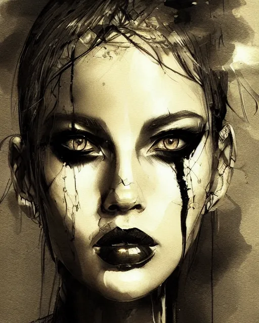 Prompt: black gold smokey ink portrait, grunge futuristic art by WLOP and Tony Sart, artstation