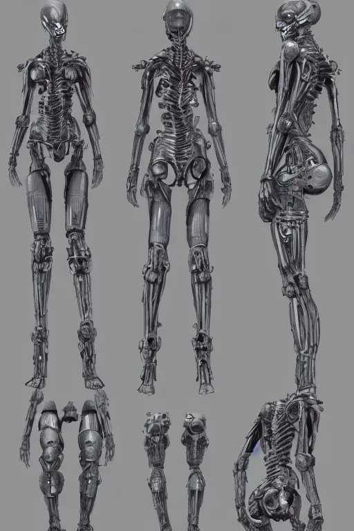 Image similar to cyclops!! cyborg female with gunmetal grey skin, medical anatomy, cyberpunk face, highly detailed, japanese, mecha asthetic, mechanical implants, three - perspective / three - view reference sheet ( front / back / side ), in the style of dan ouellette, dren from splice, hr giger, sil from species, artstation, unreal engine