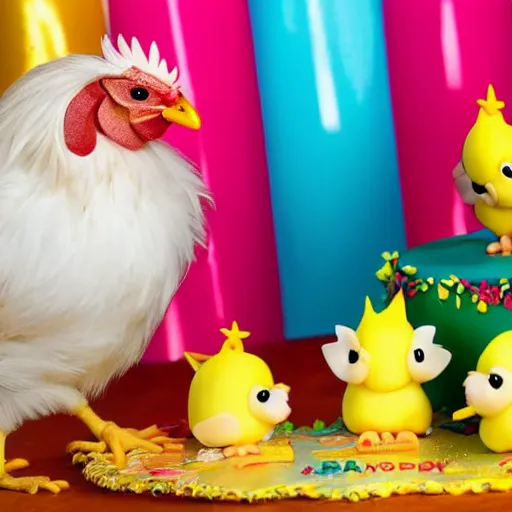 Prompt: a light yellowish down-covered baby chick and a rooster are near a birthday cake having 3 candles