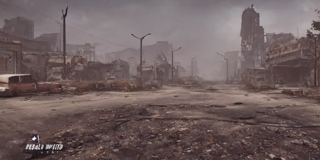 Image similar to wide angle shot of dilapidated fallout 5 city in real life, desolate dilapidated overgrown town, empty streets, nightmarish, some rusted retro futuristic fallout style parked cars and trucks, overcast, blankets of fog pockets, rain, volumetric lighting, beautiful, daytime, spring, sharp focus, ultra detailed, cgsociety