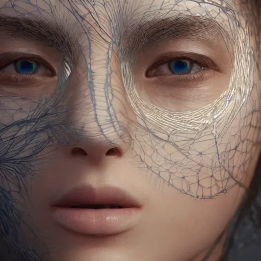 Image similar to intricate highly detailed face portrait of asian - european woman, light blue water vines on her face, intricate, cgsociety, unreal engine, octane render, sharp focus, smooth, volumetric lighting, cinematic composition, artstation