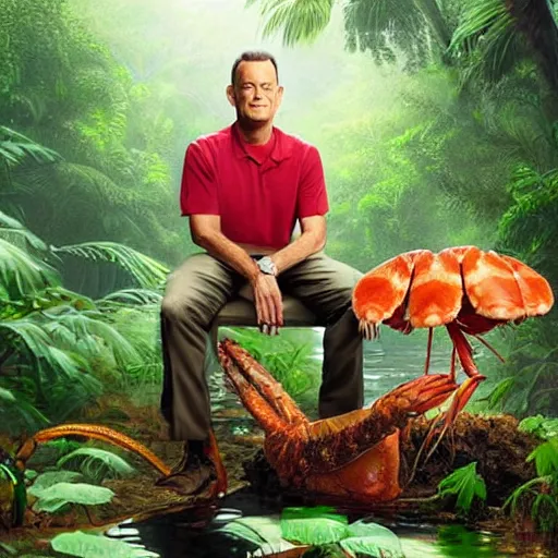 Image similar to Tom Hanks as forrest gump sitting on a giant shrimp in the jungle, realistic digital painting, in the style of Raphael Lacoste, photoreailstic, realistic face, amazing detail, sharp