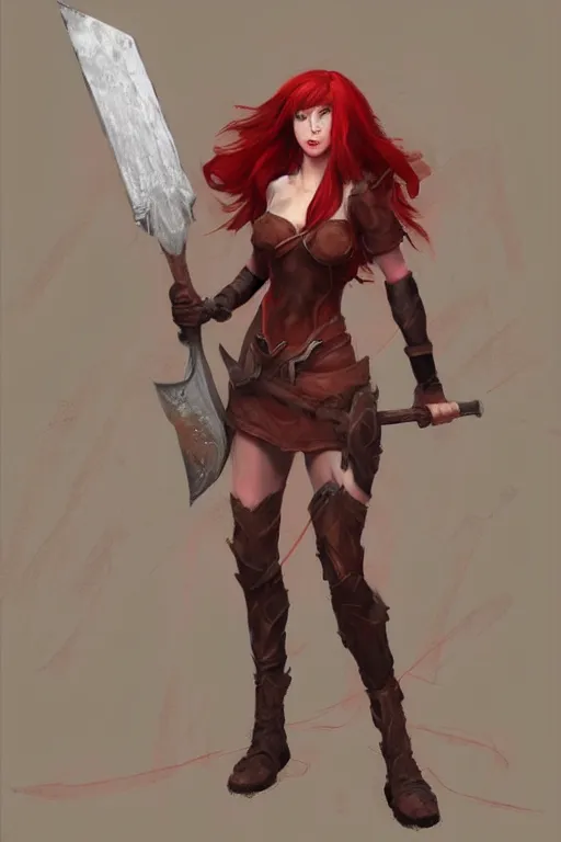 Image similar to a woman with red hair holding two large axes, concept art by senior character artist, artstation contest winner, fantasy art, concept art, artstation hd, 2 d game art