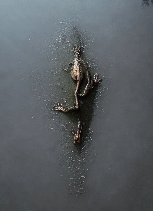 Image similar to “semitranslucent smiling frog vertically hovering over misty lake waters in crucifix pose, low angle, long cinematic shot by Andrei Tarkovsky, paranormal, eerie, mystical”