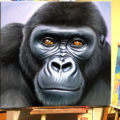 Image similar to a painting of a gorilla, cinematic lighting, hyper realistic painting