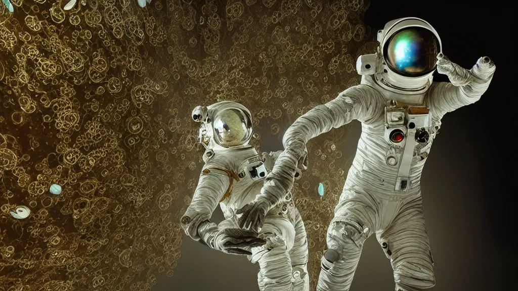 Image similar to a single astronaut eva suit covered in diamond 3d fractal lace iridescent bubble 3d skin and covered with insectoid compound eye camera lenses floats through the living room, film still from the movie directed by Denis Villeneuve with art direction by Salvador Dalí, wide lens,