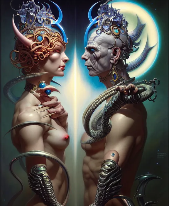 Image similar to beautiful gemini good and evil fantasy character portrait, ultra realistic, wide angle, intricate details, the fifth element artifacts, highly detailed by peter mohrbacher, hajime sorayama, wayne barlowe, boris vallejo, aaron horkey, gaston bussiere, craig mullins