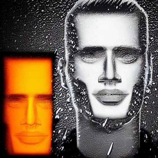 Image similar to max headroom, cartoon portrait made out of rain, realistic, highly detailed, neon, rendered in octane, unreal engine, rain, beautiful, trending on artstation, emotional
