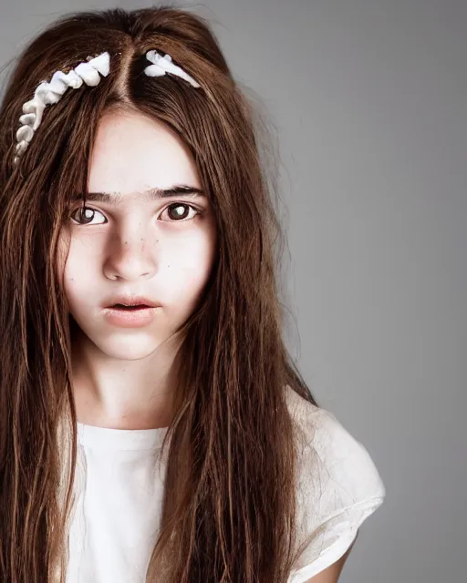 Prompt: photo portrait 1 5 - year old girl with lush brown hair, hermione, large front teeth, and bright piercing brown eyes, hyper realistic face, beautiful eyes, by mario testino