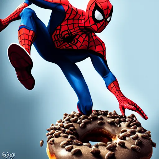 Image similar to spider - man sit on the raccoon and eating donuts, concept art, trending on artstation, highly detailed, intricate, sharp focus, digital art, 8 k