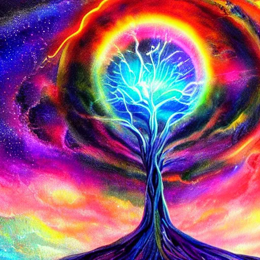 Prompt: the ghost of the world tree radiates rainbow light into the dark cosmos, epic painting