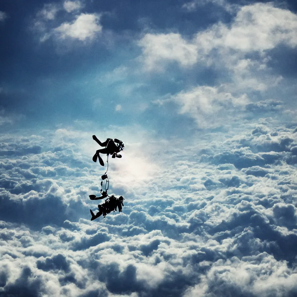 Image similar to a scubadiver floating above the clouds, graphic art