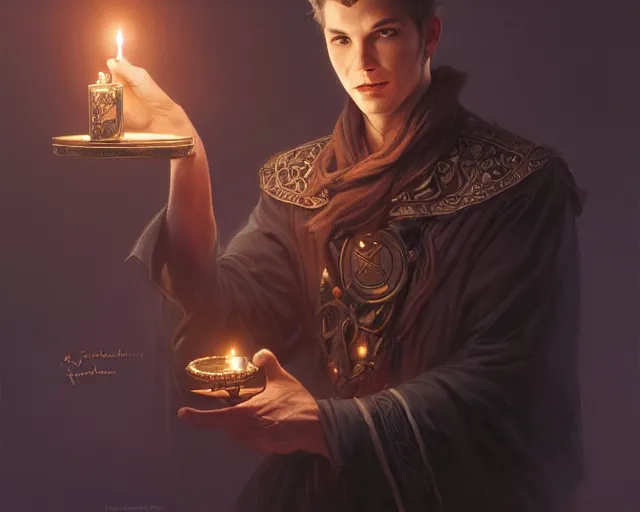 Image similar to a mind - blowing portrait of a fortune seeker male, holding a candle holder, wearing dark maritime clothing, intelligent, deep focus, d & d, fantasy, intricate, elegant, highly detailed, digital painting, artstation, concept art, matte, sharp, illustration, hearthstone, art by artgerm and greg rutkowski and alphonse mucha