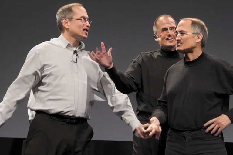 Prompt: elon musk fighting with steve jobs in São Paulo brazil, 8K, hyperrealistic, cinematic lighting