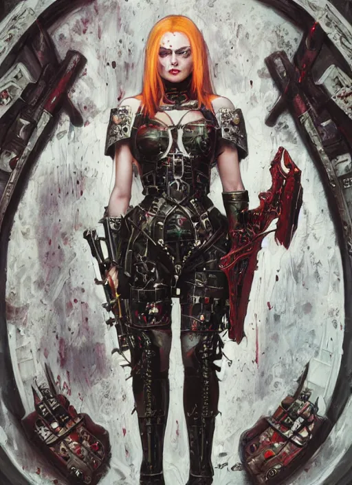 Image similar to portrait of beautiful pale gothic muscular cyber warrior girl with sword, covered in blood, warhammer 40000, cyberpunk, intricate, elegant, highly detailed, digital painting, artstation, concept art, smooth, sharp focus, illustration, art by artgerm and greg rutkowski and alphonse mucha and Gustav Klimt and Ilya Kuvshinov