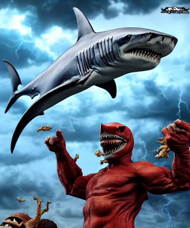 Image similar to hyperrealistic rendering, epic boss battle, epic shark king overlord, by art of skinner and richard corben, product photography, collectible action figure, sofubi, hottoys, storm clouds, outside, lightning