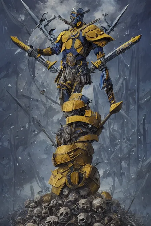 Image similar to a distant shot of a super soldier with blue and yellow flag and a trident symbol standing alone on a huge pile of skulls as a winner, masculine figure, D&D, fantasy, intricate, elegant, highly detailed, extremely detailed, digital painting, artstation, concept art, matte, smooth, sharp focus, illustration, art by Artgerm and Greg Rutkowski and Alphonse Mucha