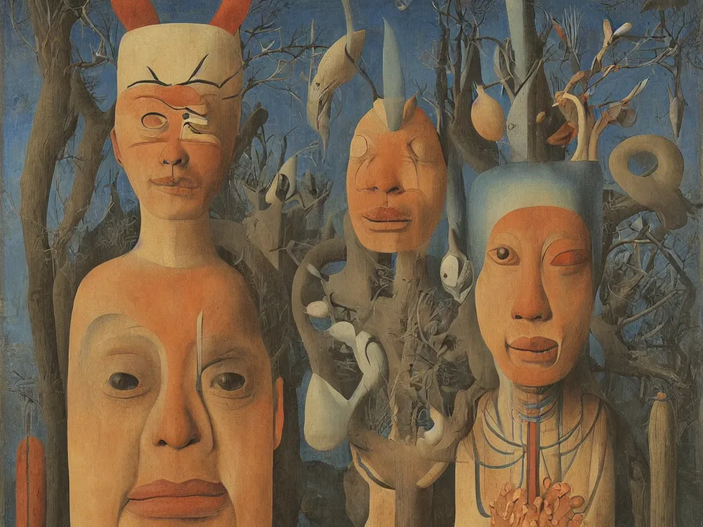 Image similar to Portrait of albino mystic with blue eyes, with wooden old shamanic totemic Tibetan archaic mask, simple, giant, sculpture. Painting by Bosch, Audubon, Rene Magritte, Agnes Pelton, Max Ernst, Walton Ford