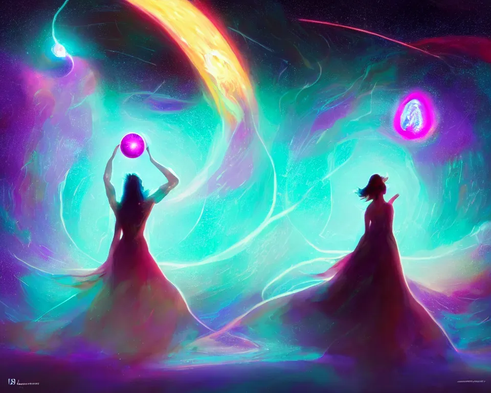 Prompt: a beautiful whimsical woman standing under a multi-colored binary blackhole with an accretion disc, casting magic, glowing trails following her arms, acidwave, hall of mirrors, interstellar galaxy, by Lois van Baarle, by Greg Rutkowski, by artgerm, by beeple, by studio ghibli, cinematic angle, volumetric lighting, 4k resolution, octane render, trending on artstation, masterpiece