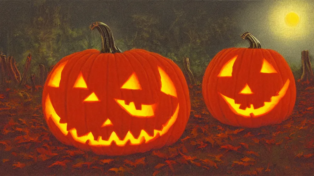 Prompt: a jack o'lantern coming alive at night in a pumpkin patch by James Gurney