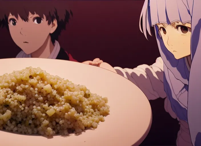 Prompt: a film still portrait of a tunisian couscous, finely detailed features, closeup at the food, perfect art, at a dinner table, gapmoe yandere grimdark, trending on pixiv fanbox, painted by greg rutkowski makoto shinkai takashi takeuchi studio ghibli, akihiko yoshida