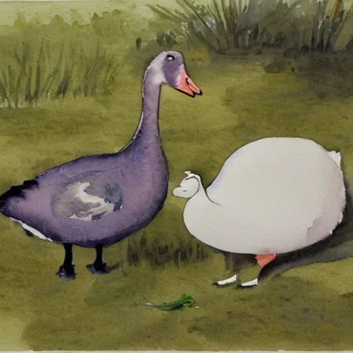 Image similar to a watercolour painting of a goose and a bunny having afternoon tea