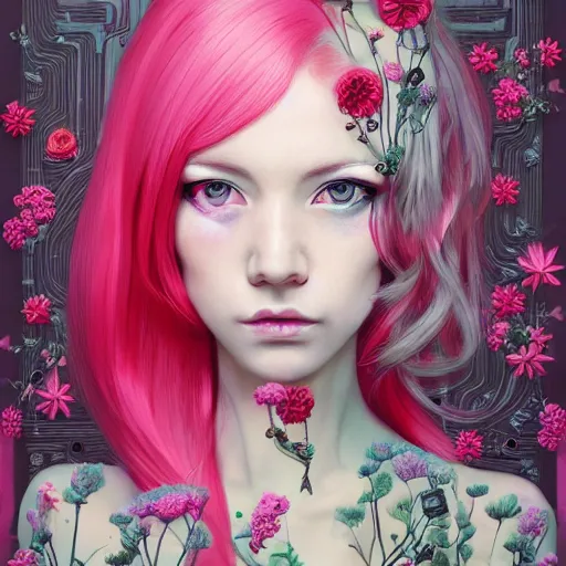 Prompt: a portrait of a woman with pink hair surrounded by flowers, cyberpunk art by otomo katsuhiro and mark ryden, cgsociety, computer art, circuitry, dystopian art, academic art insanely quality, highly detailed, masterpiece, red light, artstation, 4 k