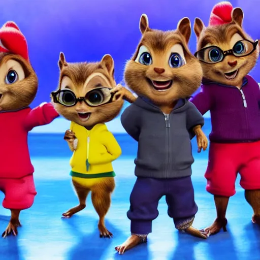 Image similar to kendrick lamar brings alvin and the chipmunks on stage to rap with him