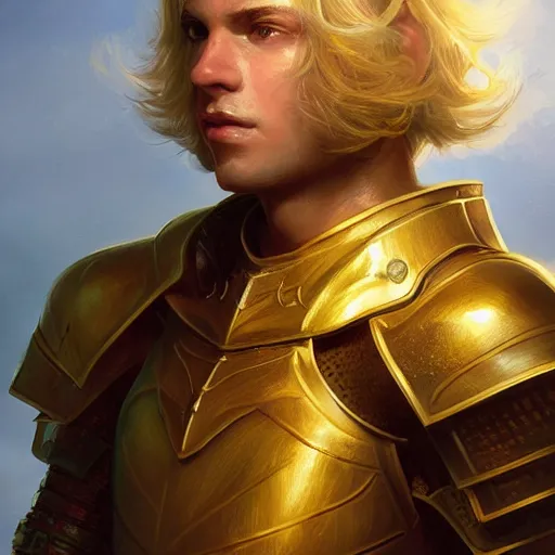 Prompt: Portrait of a young knight with medium-length blond hair wearing a golden armor with a sun symbol, fantasy, highly detailed, digital painting, artstation, concept art, illustration, art by Bayard Wu and Marc Simonetti