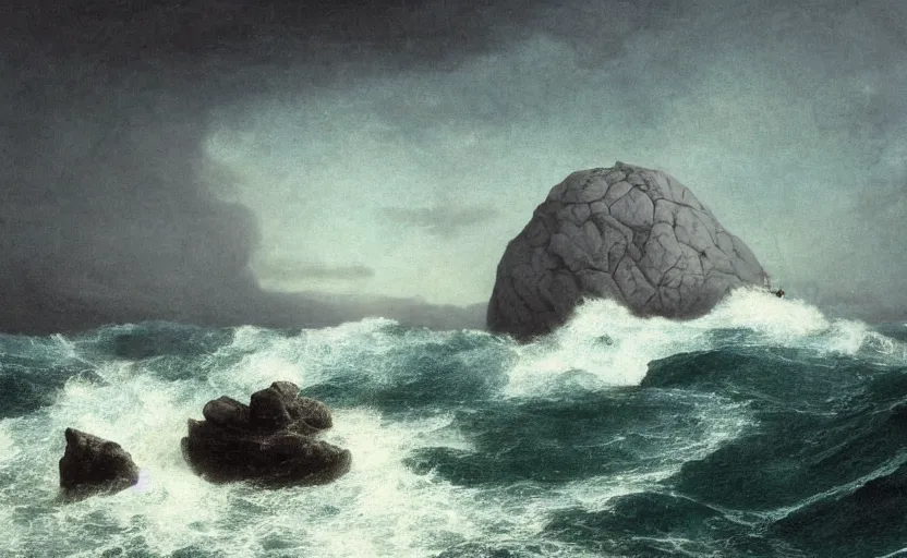 Prompt: large rock in the middle of the ocean, large waves, surrounded by water, dark skies, close up shot, rocky, at dusk, 4k, rule of thirds, extreme detail, hazy, intricate ink illustration, surreal, surrealist, trending on artstation, cgsociety, hd, complimentary colours, realistic lighting, by Albert Bierstadt, Frederic Edwin Church.