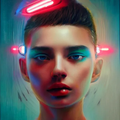 Image similar to 3 d, sci - fi, morning, sleepy fashion model face, sun, neon, cinematic, lightning clouds, vogue cover style, poster art, light red and deep blue mood, realistic painting, intricate oil painting, high detail, figurative art, multiple exposure, poster art, 3 d, by tooth wu and wlop and beeple and greg rutkowski